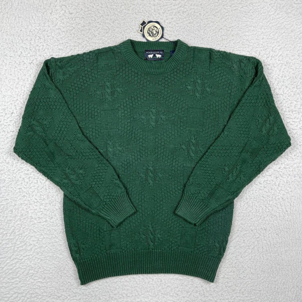 Woods Gray Sweater Mens Large Green Cable Knit Ramie Cotton Grandpacore Vintage
